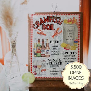 Könnte beinhalten: Ein hölzernes Klemmbrett zeigt ein Crawfish Boil Menü mit Illustrationen von Bier, Wein und Spirituosen. Der Text enthält 'CRAWFISH BOIL', 'pinch peel eat repeat' und listet verschiedene Getränkemarken wie Corona, Amstel, Budweiser und White Claw auf.