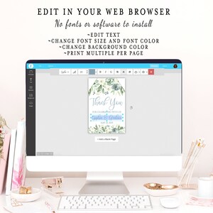 May include: A computer screen displaying a digital template for a wedding thank you card. The card features a watercolor design with green leaves and blue flowers. The text on the card reads "Thank You" and "For celebrating with us Gophie & Grahin May 22, 2019".