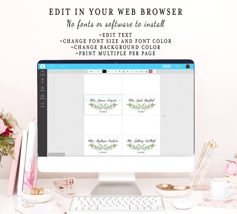May include: A computer screen displays a wedding place card template. The template features names with green botanical accents. Text at the top reads "EDIT IN YOUR WEB BROWSER" and other editing instructions.