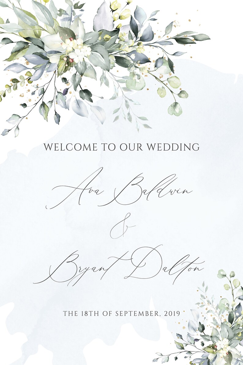 May include: A wedding invitation with a watercolor background featuring a floral design in shades of blue and green. The text reads "Welcome to our wedding Ava Baldwin & Bryant Dalton The 18th of September, 2019".