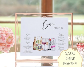 Op de afbeelding: Een geometrisch roségouden frame bevat een witte barmenu-kaart met zwarte tekst en illustraties van bierflesjes, wijnglazen en seltzer-blikjes. Het menu toont categorieën voor bier, wijn, seltzer, sterke drank en mixers met merknamen.
