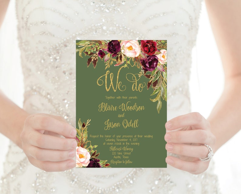Wedding Invitation Template Printable / Editable DIY Floral Watercolor Wedding Green / Gold / Burgundy / Marsala / Wine / Blush Rustic image 3