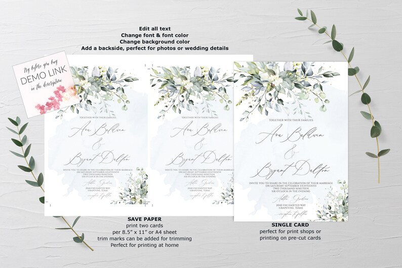 May include: Three wedding invitation designs with a watercolor floral motif in shades of green and blue. The invitations feature the names "Ann Bellina & Bryant Dalton" and the text "Together with their families".