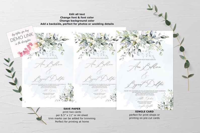 Dusty Blue Succulent Watercolor Wedding Invitation Template, Boho Printable Wedding Invitation Suite, DIY Watercolor Rustic Invitation Set image 3