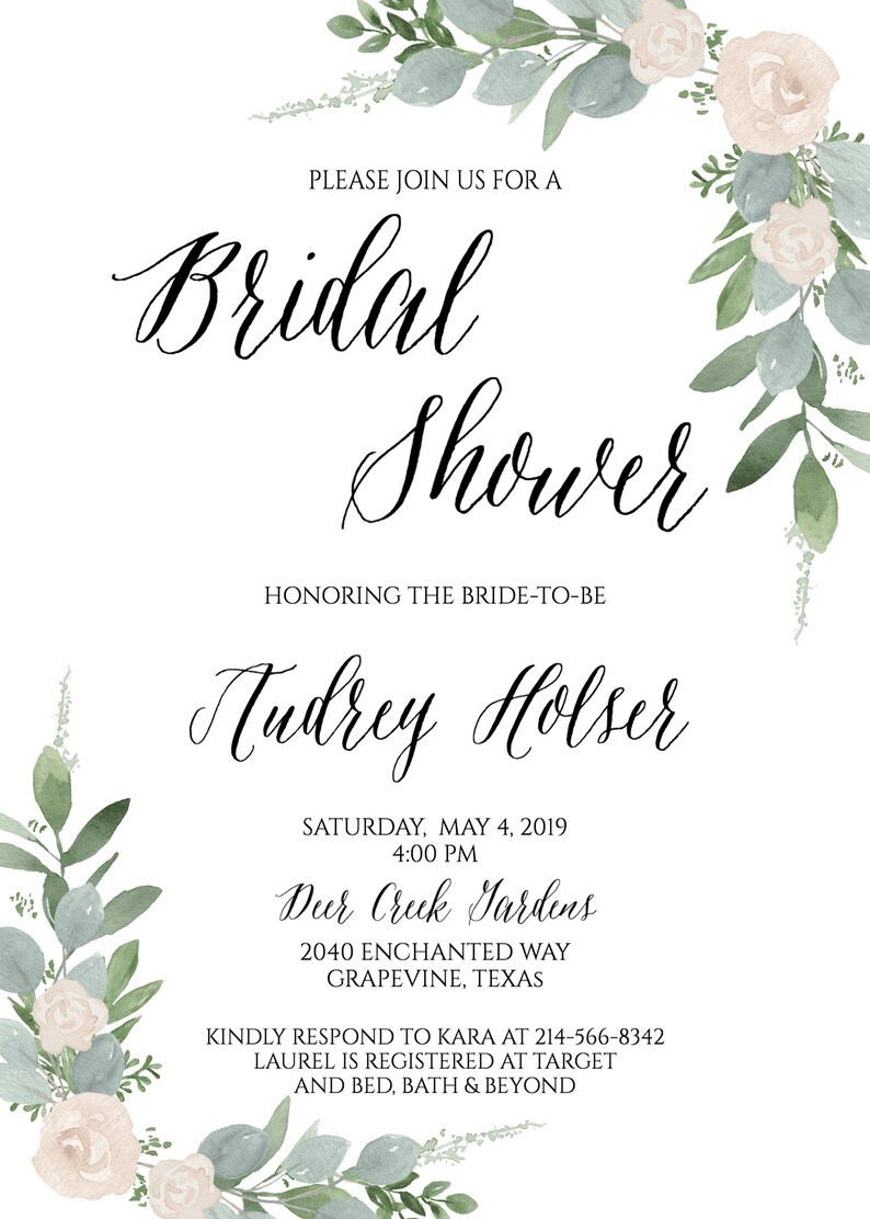 Printed Bridal Shower Invitation Garden Bridal Shower Rustic Bridal Shower Invitation Greenery and Cream Floral Bridal Shower Invitation