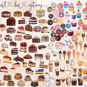 May include: A watercolour illustration of a dessert bar featuring a selection of cakes, cupcakes, doughnuts, ice cream cones, macarons and coffee drinks. The image is labelled "dessert bar options".