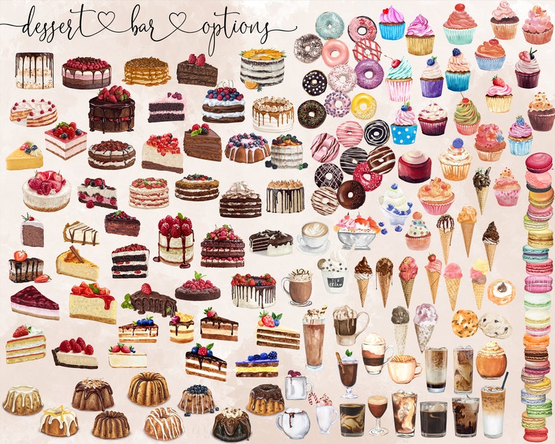 May include: A watercolour illustration of a dessert bar featuring a selection of cakes, cupcakes, doughnuts, ice cream cones, macarons and coffee drinks. The image is labelled "dessert bar options".