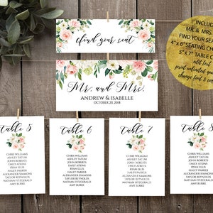 Druckbare Blush Pink Floral Grün Hochzeit Sitzplatz Chart Karten Vorlage, DIY bearbeitbar Boho rustikal botanisch, Tischkarte Download MP08