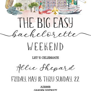 May include: A watercolor illustration of New Orleans landmarks, including a streetcar, a steamboat, and the St. Louis Cathedral. The text "THE BIG EASY bachelorette WEEKEND LET'S CELEBRATE Allie Shepard FRIDAY, MAY 18 THRU SUNDAY, 22 AIRBNB GARDEN DISTRICT NEW ORLEANS, LA RSVP TO ASHLEY BY JUNE 1 AT 214-673-9933 SEE ITINERARY FOR ADDITIONAL DETAILS" is written below the illustration.