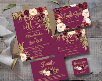 May include: A wedding stationery set featuring a deep burgundy background with gold script text and floral illustrations of white and dark red roses. The set includes an invitation, RSVP card, thank you note, details card, and a small square tag.