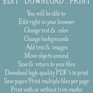 May include: A blue and white graphic with the text "Magnolia Papers" at the top. The text "EDIT. DOWNLOAD. PRINT" is below the title. The graphic lists the features of the product, including the ability to edit, download, and print. The text "BEST OF ALL" is highlighted in bold. The graphic also states that there are no fonts to download or software to install. The text "Demo before you buy" is at the bottom of the graphic.