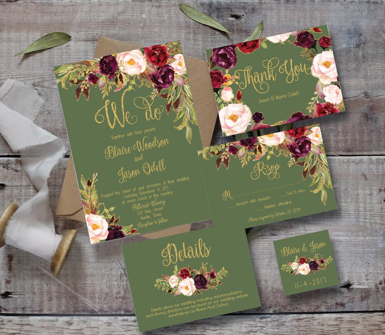 Wedding Invitation Template Printable / Editable DIY Floral Watercolor Wedding Green / Gold / Burgundy / Marsala / Wine / Blush Rustic image 1