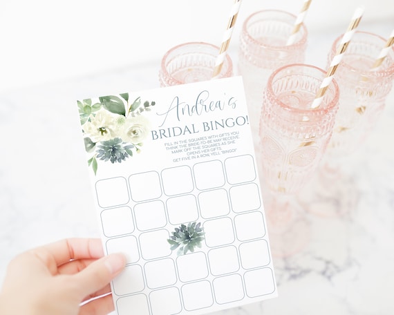 Bridal Shower Bingo Card Template, Succulent Dusty Blue Printable Wedding Shower Bingo Game, Floral Wedding Shower Game, Instant Download Il_570xn