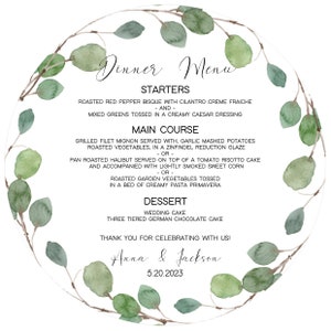 PRINTED Eucalyptus Round Dinner Menu, 8 Round Wildflower Menu, Printed Round Menu, Greenery Vineyard, Winery Round Dinner Menu image 2