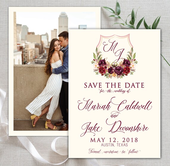Save the Date Printed Monogram Photo- Marsala Floral Crest Monogram - Marsala / Burgundy / Cream / Green / Floral Classic Romantic Wedding Il_570xn