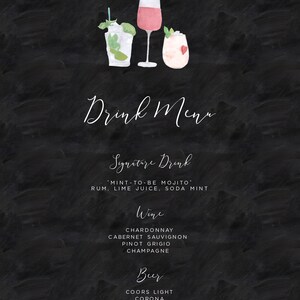 May include: A chalkboard menu with a handwritten title "Drink Menu" and a list of drinks including a signature drink, wine, and beer. The signature drink is a "Mint-to-be Mojito" with rum, lime juice, and soda mint. The wine options are Chardonnay, Cabernet Sauvignon, Pinot Grigio, and Champagne. The beer options are Coors Light, Corona, Michelob Ultra, and Shiner Bock.