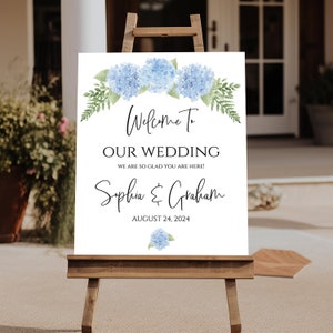 Blue Hydrangea Wedding Welcome Sign Template, Editable Blue Hydrangea Welcome Sign, Printable Wedding Sign, Summer Wedding Welcome Sign
