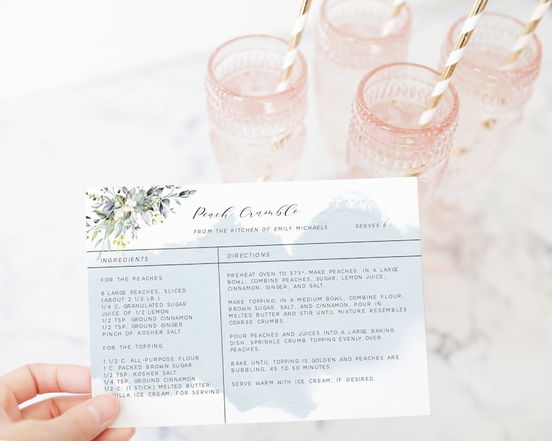4x6 DIY Editable Recipe Card Template Dusty Blue Printable Recipe Card Instant Download Succulent Recipe Card Template Bridal Shower