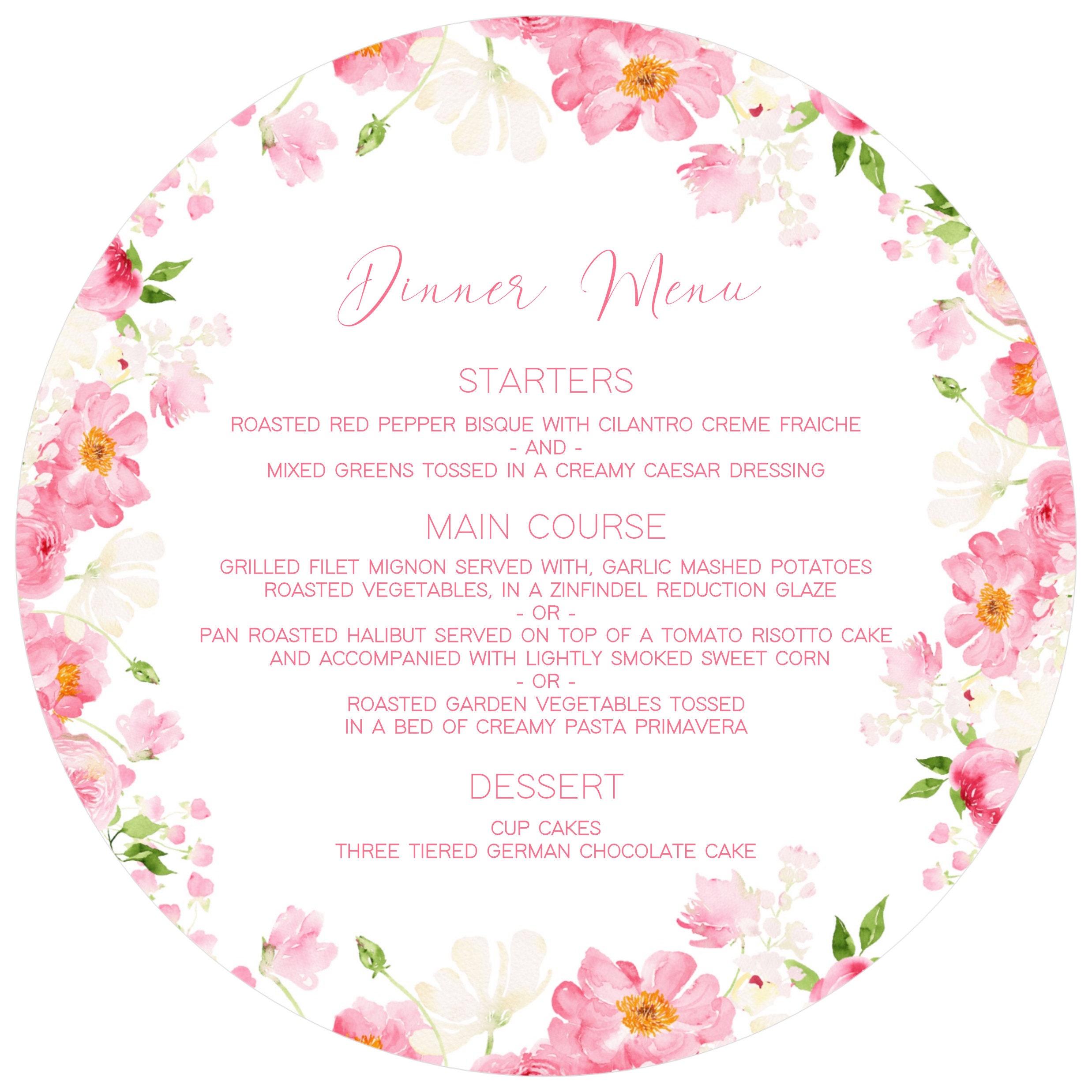Pink Flowerbackdrop Menu Printed Floral Dinner Menu: Pink Wildflower Design, 8
