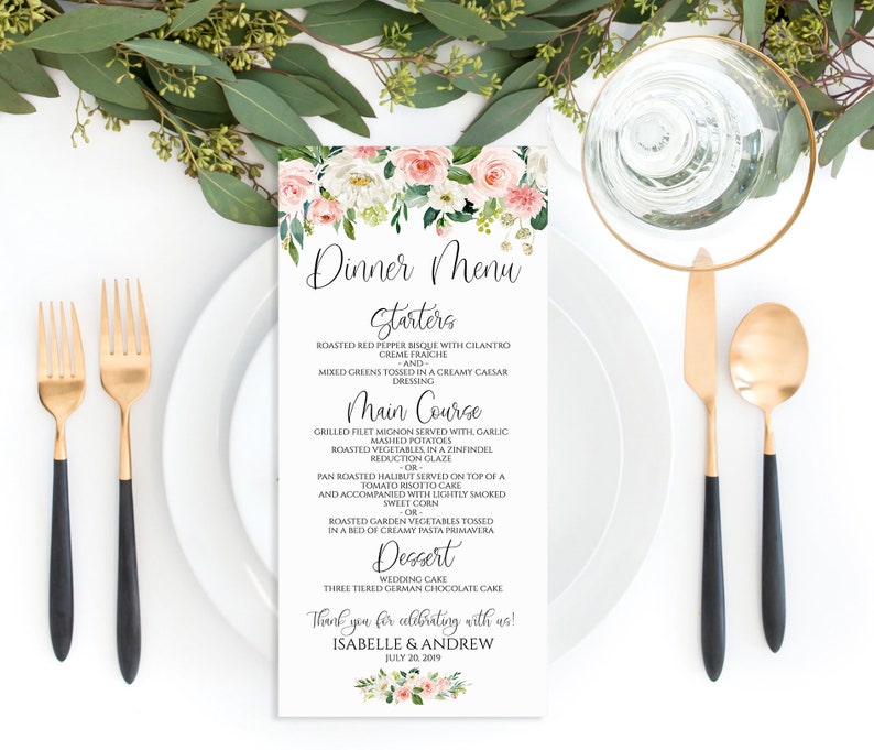May include: A wedding menu card with a floral design. The menu includes starters, main course, dessert, and a thank you message for Isabelle & Andrew. The date is July 20, 2019.