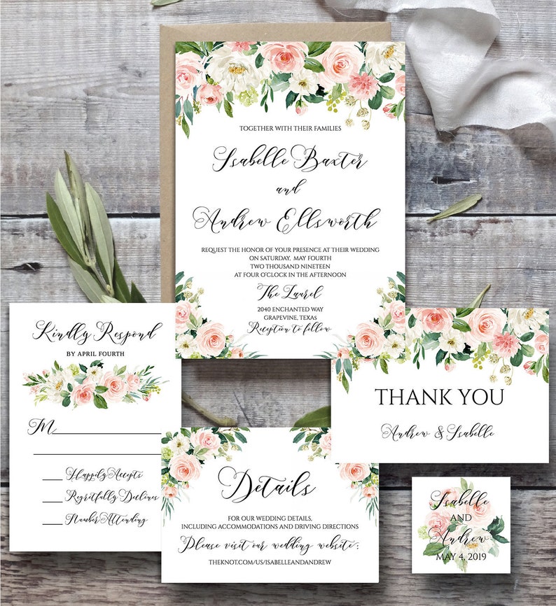 May include: Wedding invitation suite with floral designs. The invitation features the names "Isabelle Baxter" and "Andrew Ellsworth" with the date "May 4, 2019". The RSVP card includes the text "Kindly Respond by April Fourth". The details card includes the text "Details for our wedding details, including accommodations and driving directions. Please visit our wedding website: theknot.com/us/isabelleandandrew".