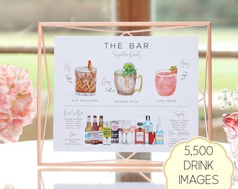 May include: A white sign titled THE BAR in a rose gold geometric frame. It features watercolor illustrations of an Old Fashioned, Moscow Mule, and Pink Frose, plus lists of beer, seltzer, wine, and spirits with various bottle graphics.