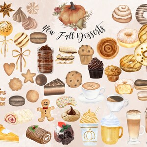 May include: A watercolour illustration of various autumn-themed desserts, including pumpkin pie, doughnuts, cupcakes, cookies, and coffee drinks. The text "New Fall Desserts" is written in a decorative font.