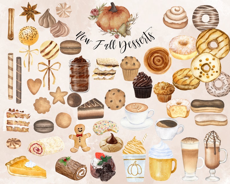 May include: A watercolour illustration of various autumn-themed desserts, including pumpkin pie, doughnuts, cupcakes, cookies, and coffee drinks. The text "New Fall Desserts" is written in a decorative font.