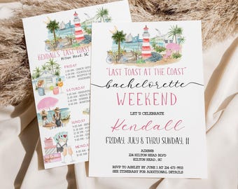May include: Two white rectangular invitation cards featuring watercolor illustrations of a lighthouse, palm trees, and beach scenes. The text reads Last Toast at the Coast Bachelorette Weekend, Kendall, Friday July 8 thru Sunday 11, and Hilton Head, SC.