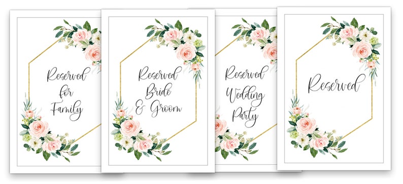 Puede incluir: Cuatro carteles de mesa de boda imprimibles con guirnaldas florales y marcos hexagonales dorados. Los carteles dicen "Reservado para la familia", "Reservado Novia y Novio", "Reservado Fiesta de Boda" y "Reservado".