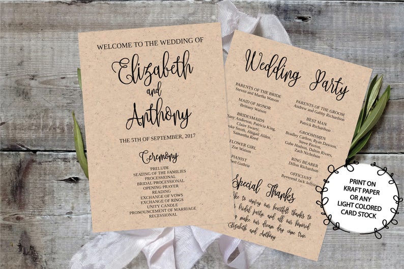 Wedding Program Template Printable / Editable 5x7 Calligraphy Script DIY Print on Kraft Paper or Light Card Stock / Rustic Wedding image 1