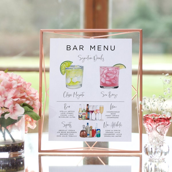 Bar-Menü-Vorlage, moderne bearbeitbare Getränkekarte, minimalistische druckbare Bar-Karte, Signatur-Getränke-Zeichen, 4.000+ Bilder, die Original-Bar-Karte