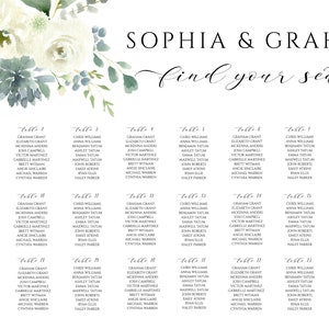 May include: A wedding seating chart with the names Sophia & Graham, and the words "find your seat" in elegant script. The white background features a watercolor floral arrangement in shades of green and white.