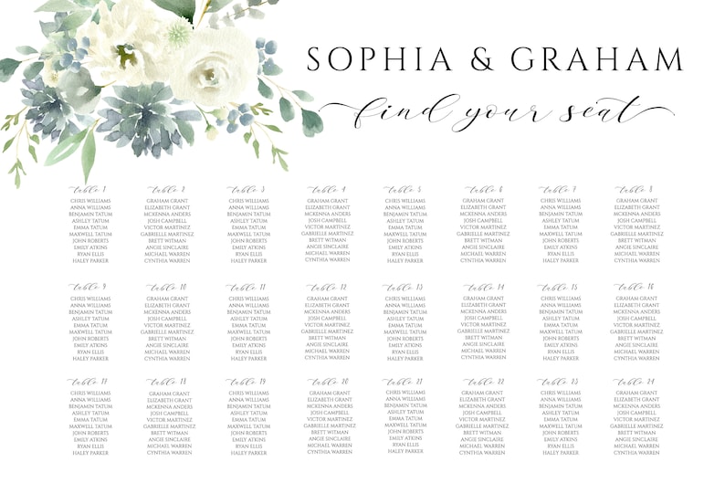 May include: A wedding seating chart with the names Sophia & Graham, and the words "find your seat" in elegant script. The white background features a watercolor floral arrangement in shades of green and white.