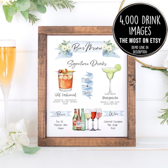 Concevez le vôtre Plus de 4 000 images de boissons, garnitures incluses,  modèle de menu de bar de mariage, panneau de cocktail signature, menu de  boissons signature imprimable -  France