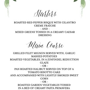May include: A wedding dinner menu with a floral border. The menu includes starters, main course, and dessert options. The text at the bottom reads "Thank you for celebrating with us! Blaire & Charles October 21, 2017".