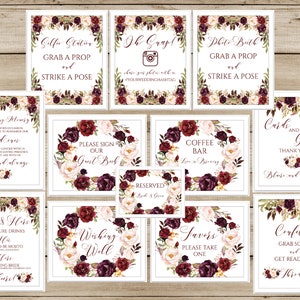 Printable Wedding Signs Bundle, Wedding Signs Template, Marsala Wedding Signs Bundle, Burgundy Wedding Signs Printable, 12 Signs, 8x10 & 5x7