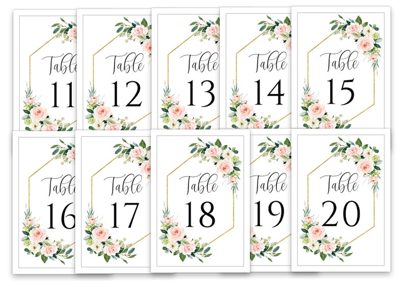 Puede incluir: Diez tarjetas de n&uacute;mero de mesa blancas con marcos geom&eacute;tricos dorados y dise&ntilde;os florales. Los n&uacute;meros van del 11 al 20.