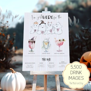Pink Halloween Bar Menü Zeichen: Geist Cocktails Vorlage (Digitaler Download)