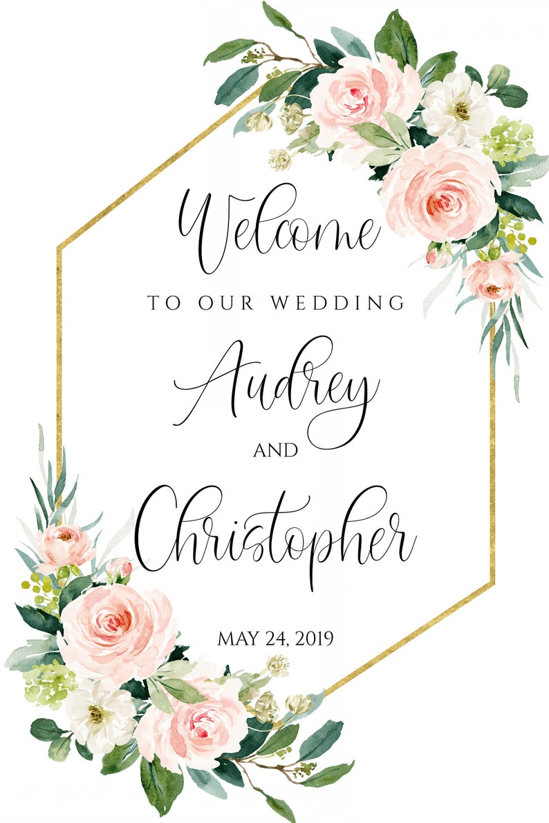 May include: A wedding welcome sign with a gold hexagonal frame and pink and white flowers. The text reads "Welcome to our wedding Audrey and Christopher May 24, 2019".