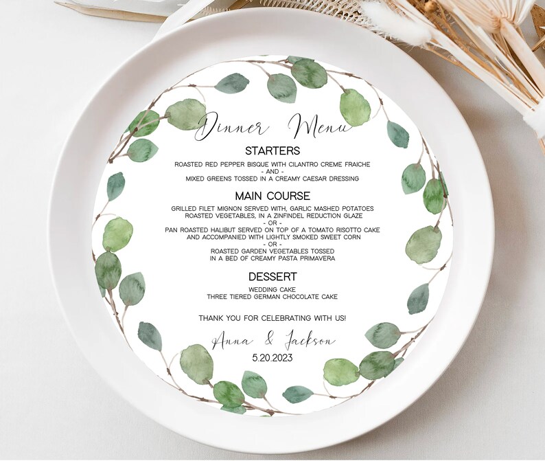 PRINTED Eucalyptus Round Dinner Menu, 8 Round Wildflower Menu, Printed Round Menu, Greenery Vineyard, Winery Round Dinner Menu image 3