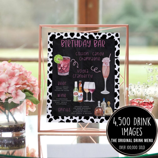 Birthday Drink Sign, Chalkboard Signature Cocktails Template, Cow Print Bar Menu Sign Template, Rustic Barn Drinks Sign, 4,000+ Drink Images