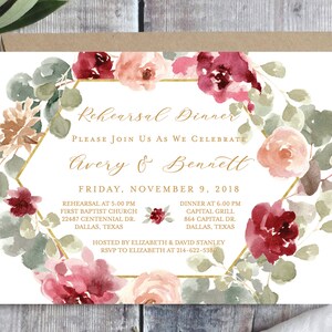 PRINTABLE Wedding Rehearsal Dinner Invitation Template, Rustic Floral Rehearsal Dinner Template, Marsala, Blush Pink, Gold Geometric Dinner