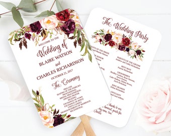 Marsala Floral Wedding Program Fan Template (Printable)