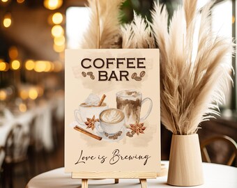 Könnte beinhalten: Ein rechteckiges Schild auf einer Holzstaffelei mit dem Text COFFEE BAR und Love is Brewing. Die Illustration zeigt drei Kaffeetassen, Zimtstangen, Sternanis und Kaffeebohnen in Braun- und Cremetönen.