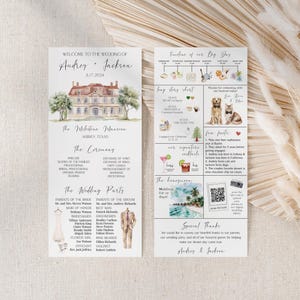 May include: A two-sided wedding program featuring a watercolor illustration of a mansion, a timeline of events, a list of the wedding party, fun facts, and a QR code. The text includes the names Audrey and Jackson and the date 8.17.2024.