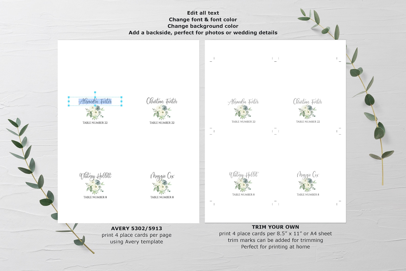 Printable Place Card Template Avery Place Card DIY Wedding Etsy