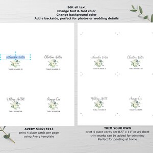 May include: Printable place cards with a floral design and the text "Alexandra Foster" and "Christian Foster" on a white background. The cards are designed to be printed on Avery 5302/5913 paper.