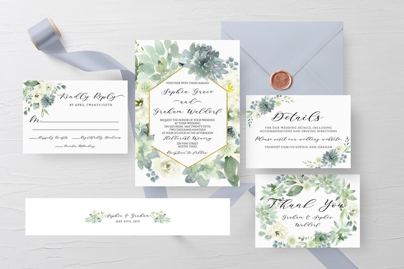 May include: Wedding invitation suite with a watercolor floral design featuring succulents and white flowers. The invitation includes the names "Sophia Grace" and "Graham Welldort", the date "May 24th, 2018", and the location "Helbrist Winery".