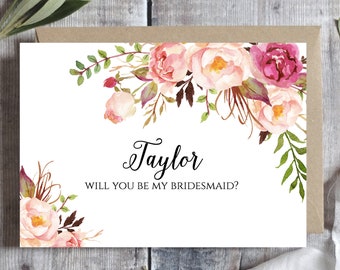 Bridesmaid proposal card Template, Will you be my bridesmaid Printable, Personalized, Pink floral card, Bridal party, Bridesmaid gift box